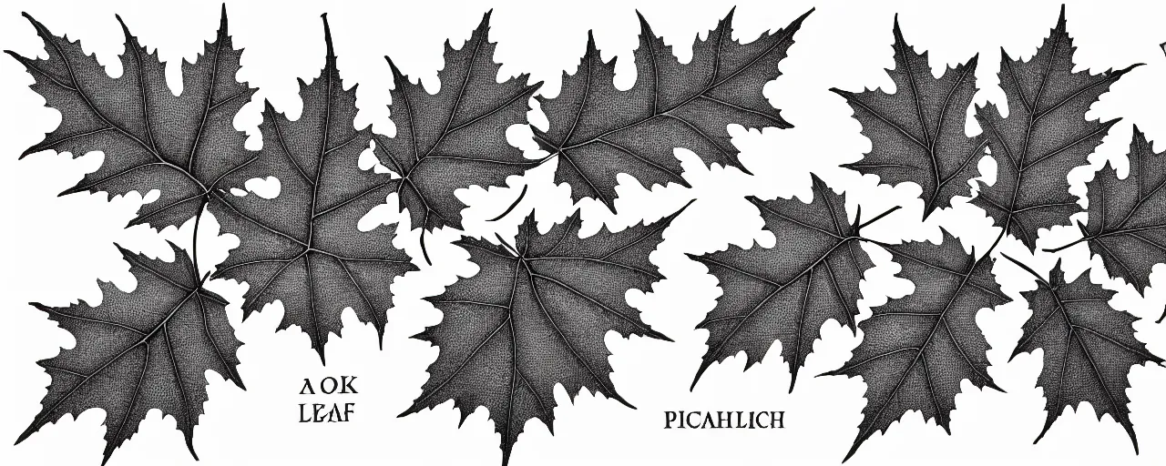 Image similar to a full page schematic diagram illustration of an hybrid between oak leaf and wine leaf, ultra detailed, 4 k, intricate, encyclopedia illustration, fine inking lines