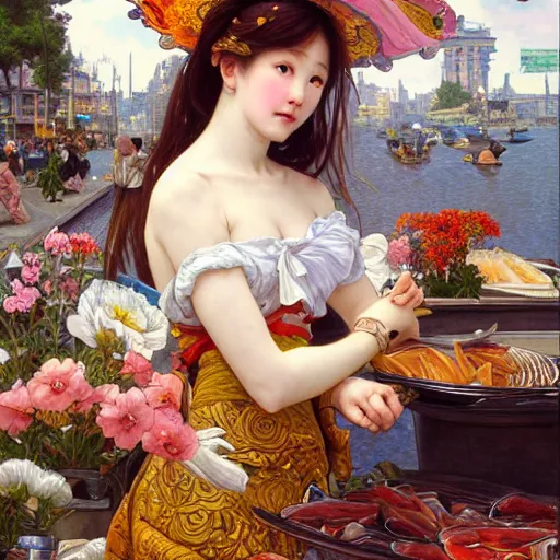 Image similar to a masterpiece ultrarealistic ultradetailed portrait of beautiful love fishmonger girl on street market baroque renaissance. medium shot, intricate, elegant, by stanley artgerm lau, wlop, alphonse mucha, rossdraws, andrei riabovitchev, yoshitaka amano. flower background my james jeand and takashi murakami.