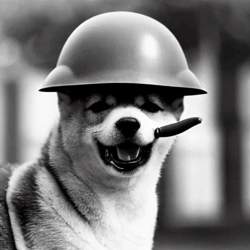 Prompt: close up of a shiba inu wearing soldier helmet in the battle, ww 2 historical photography, black & white photo