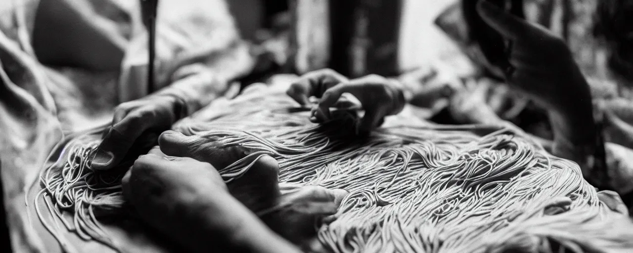 Image similar to a seamstress sewing a dress made of spaghetti, high detailed face, canon 5 0 mm, cinematic lighting, photography, retro, film, kodachrome, closeup