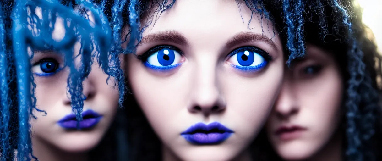 Image similar to hyperrealistic high quality photo close-up portrait of a cute blue gothic medusa with round puppy eyes sharp cinematic lighting 8k low angle shallow depth of field