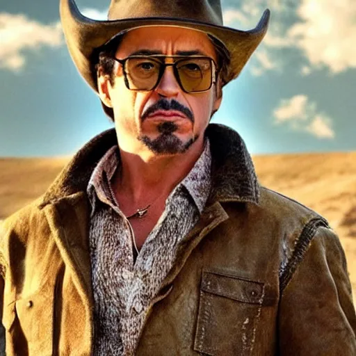 Image similar to robert downey jr as cowboy, an film still, cinematic