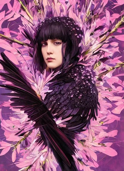 Image similar to portrait of black raven bird, flowers, pink spike aura in motion, floating pieces, painted art by tsuyoshi nagano, greg rutkowski, artgerm, alphonse mucha, spike painting