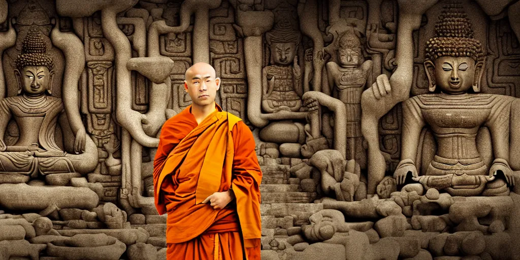 Prompt: buddhist monk in the Lost city of Atlantis, morning, highly detailed digital art