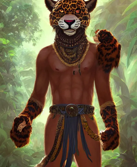 Image similar to character portrait feature of the anthro male anthropomorphic jaguar fursona animal person wearing shaman tribal outfit robes belt standing in the amazon rainforest, well framed character design stylized by charlie bowater, ross tran, artgerm, makoto shinkai, detailed, soft lighting, rendered in octane