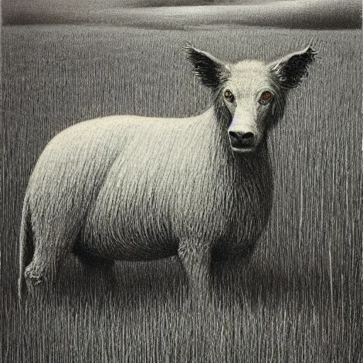 Image similar to A scary animal like creature standing in a lush green field, drawing by Beksinski