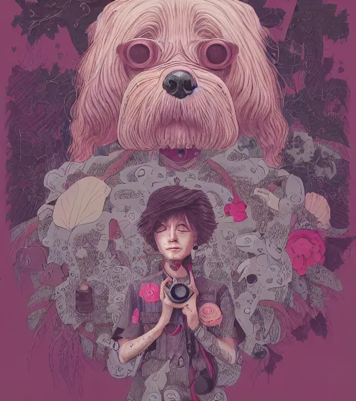 Image similar to portrait, nightmare anomalies, leaves with a dog by miyazaki, violet and pink and white palette, illustration, kenneth blom, mental alchemy, james jean, pablo amaringo, naudline pierre, contemporary art, hyper detailed