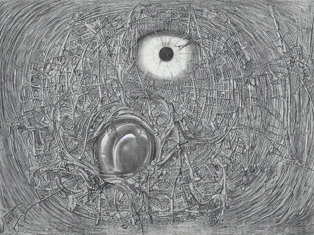 Image similar to Transversal view of the anatomy of the eye. Megalopolis miniature city built it the pupil, iris. Strange bouncy medusae light. Rene Magritte, Jean Delville, Max Ernst, Ernst Haeckel