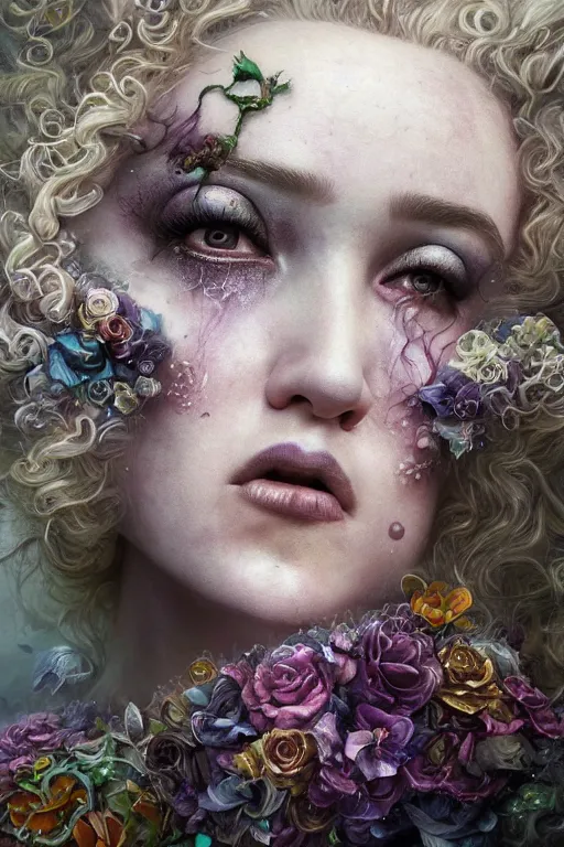 Image similar to closeup portrait shot of julia garner as delirium of the endless, the sandman, the fairy queen, floral growth, thick fancy makeup, highly detailed, digital painting, artstation, concept art, soft focus, depth of field, artgerm, tomasz alen kopera, peter mohrbacher, donato giancola, wlop, boris vallejo