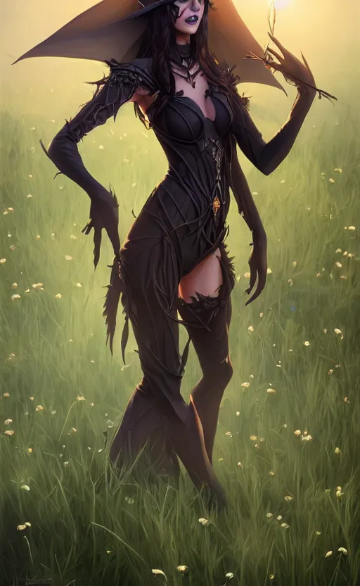 Image similar to medium shot of dark elf witch in field, sunny, highly detailed, d & d, fantasy, highly detailed, digital painting, trending on artstation, concept art, sharp focus, illustration, global illumination, ray tracing, realistic shaded, art by artgerm and greg rutkowski and fuji choko and viktoria gavrilenko and hoang lap