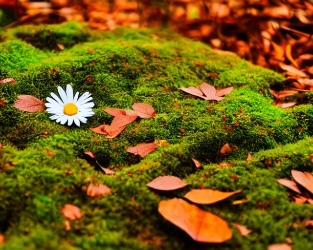 Prompt: dream a daisy in a forest, moss, autumn, warm colors, photography, depth of field