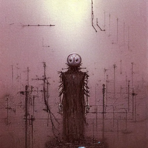 Prompt: robot ghost, glitch distortion, unbearable anxiety, tension, man just out of frame, by Stephen Gammell and Beksinski and Stalenhag.
