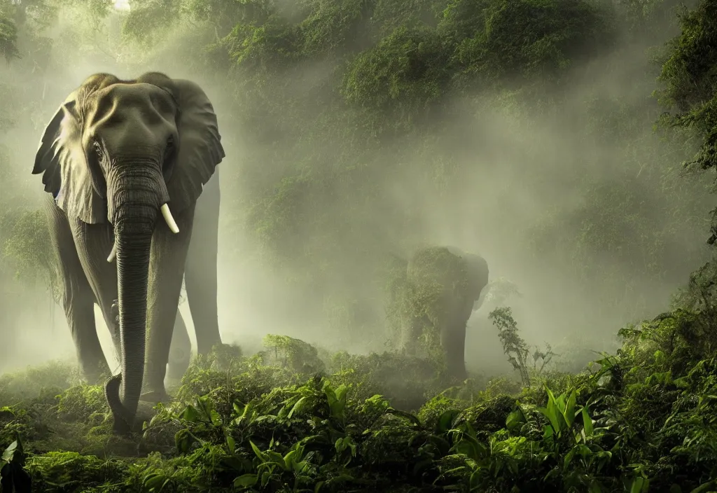 Image similar to an enormous elephant king, in a jungle with ominous light from above, ambient light, fog, river, very poetic