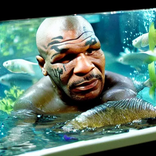 Prompt: mike tyson trapped in a fish tank