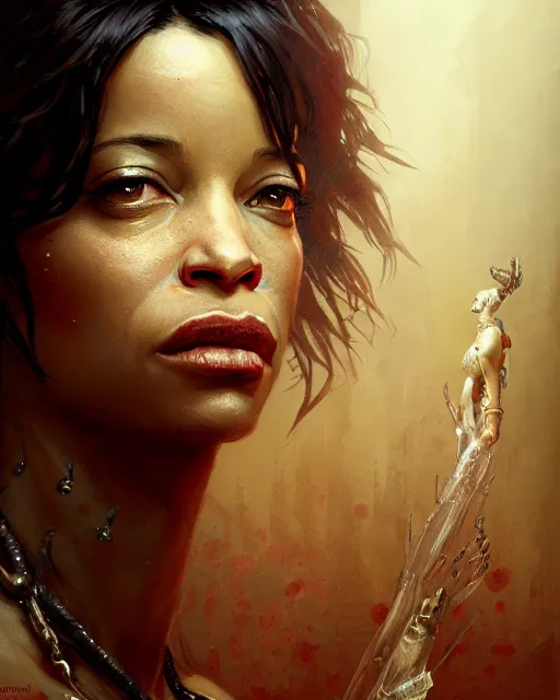 Image similar to karrine steffans, character portrait, portrait, close up, concept art, intricate details, highly detailed by greg rutkowski, michael whelan and gustave dore