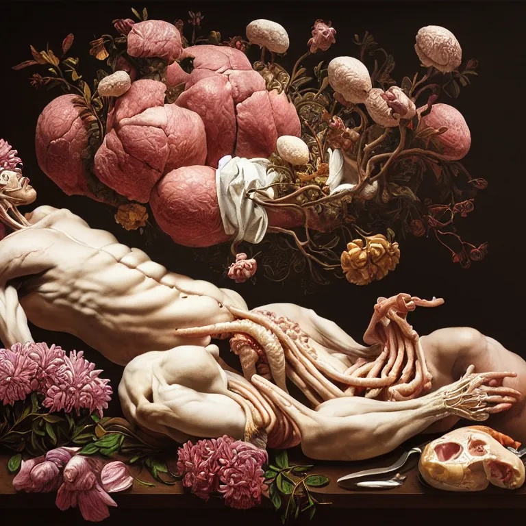 Image similar to still life of anatomical painting of ribbed human, covered with white meat and flowers, dream - like, baroque portrait painting, perfect composition, beautiful detailed intricate detailed octane render, unreal engine 5, trending on artstation, 8 k, photorealistic, volumetric cinematic perfect light, chiaroscuro, masterpiece, raphael, caravaggio, beksinski, giger