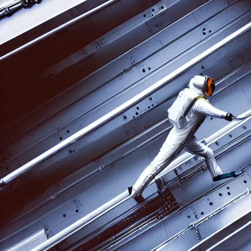 Prompt: mysterious man in silver space suit, walking on an industrial catwalk with stairs that lead nowhere, floating in deep space, 4 k photograph, isometric view