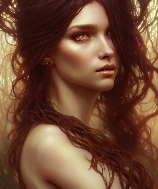 Image similar to Forest nymph woman portrait, amber eyes, face, long hair, fantasy, intricate, elegant, highly detailed, digital painting, artstation, concept art, smooth, sharp focus, illustration, art by artgerm and greg rutkowski and alphonse mucha