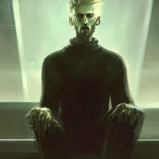 Image similar to concept art by greg rutkowski, a very tall, and slender man with messy blond hair and beard, wearing a black sweater, sitting in the spaceship command bridge, brutalist futuristic interior, dark lighting atmosphere, detailed portraits, nostalgic atmosphere, scifi, digital painting, artstation, concept art, smooth, sharp foccus ilustration, artstation hq