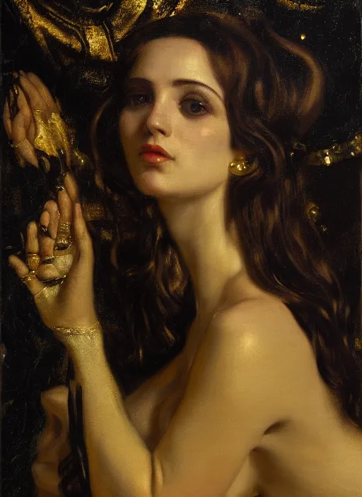 Prompt: highly detailed oil painting | very intricate | cinematic lighting | black, white and gold color scheme, dark background | a woman in black dress | by roberto ferri, by gustav moreau, by singer sargent and klimt, american romanticism, occult art | by austin osman spare, artstation, cgsociety, official art, octane