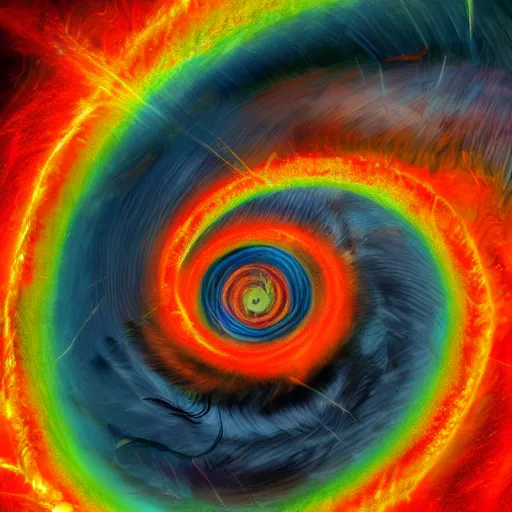 Image similar to spiral made of lightning, surrounded by dark clouds, eye in center, mystical, artstation, sunshine reflecting, stormy, colorful