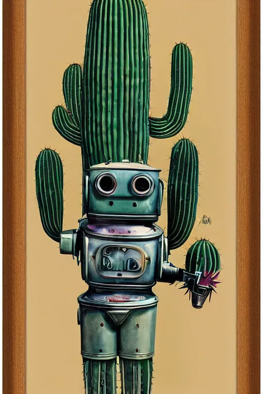 Image similar to long shot of a 1950s retro Cactus robot, with space above the head. full body framed. Bionic cacti Arms and eyes. pop surrealism, muted colours. by Jean-Baptiste Monge, wide shot