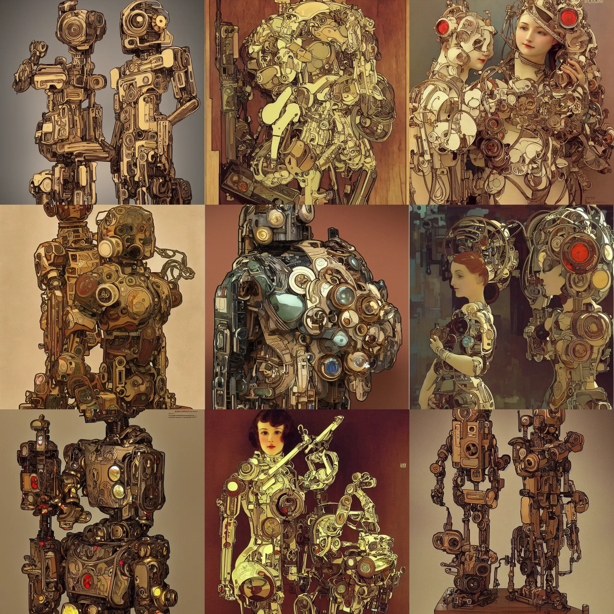 Prompt: 8 k photorealistic, a wooden art toys on a pedestal, cute robot wooden, cyberpunk, concept art, contemporary art gallery, art by alphonse mucha