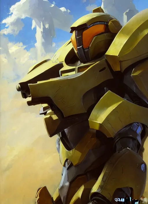 Image similar to Greg Manchess painting of an anthropomorphic Corgi from Metroid Prime wearing Forerunner Armor from Halo, countryside, calm, fantasy character portrait, dynamic pose, above view, sunny day, thunder clouds in the sky, artwork by Jeremy Lipkin and Giuseppe Dangelico Pino and Michael Garmash and Rob Rey, very coherent asymmetrical artwork, sharp edges, perfect face, simple form, 100mm