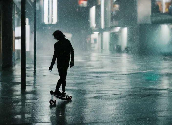 Image similar to a person with long, flowing hair skateboards through an empty brutalist city in the rain, colored gel lighting, reflective surfaces, midnight, portra, film grain, high contrast, chromatic aberration, reminiscent of blade runner, dynamic pose