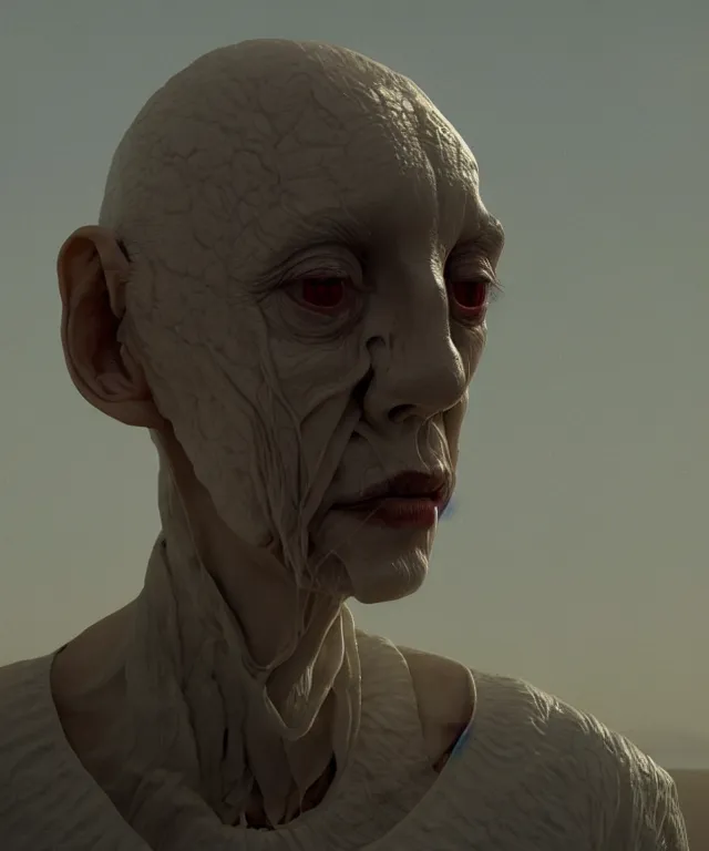Prompt: portrait of a dehydrated humanoid husk, wearing white silk, still from a movie by Terrence Malick, Tarkovsky, Gaspar Noe, James Cameron, intricate artwork by Tooth Wu and wlop and beeple, greg rutkowski, very coherent symmetrical artwork, cinematic, hyper realism, high detail, octane render, rim light, unreal engine, 8k, Vibrant colors, Smooth gradients, High contrast, depth of field
