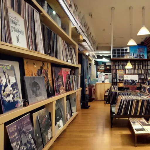 Image similar to cute cozy record store interior, vinyl records, makoto shinkai anime style, sharp