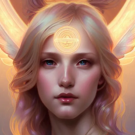 Prompt: Winged girl angel with blonde hair and glowing halo, iridescent, seraphim, fantasy, intricate, elegant, highly detailed, digital painting, artstation, concept art, smooth, sharp focus, illustration, art by Krenz Cushart and Wenqing Yan and alphonse mucha