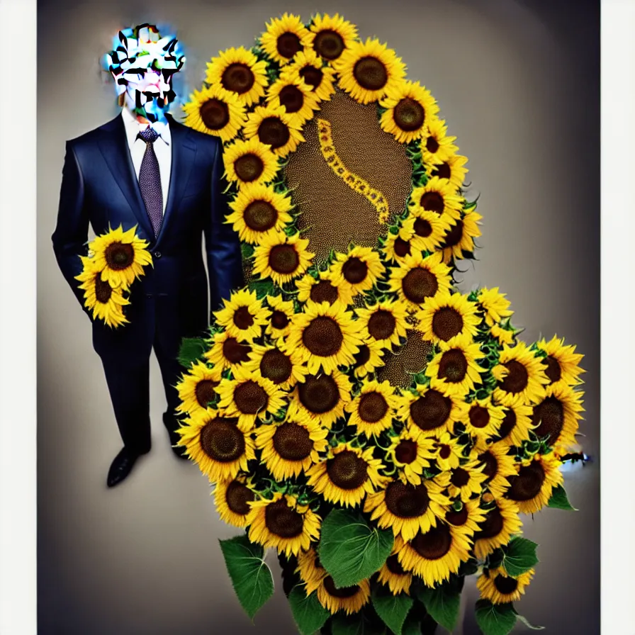 Image similar to photo portrait of Vladimir Putin - sunflowers - dressed in suit with intricate ornamental sunflower and tombstone for a tie, natural skin tone, highly detailed realistic flowers ornament in the upper side of breast, hair and wrinkles are intricate with highly detailed realistic flowers, elegant, Realistic, Refined, Highly Detailed, natural soft pastel lighting colors scheme, fine art photography by Cecil Beaton, volumetric lighting, hyper realistic photography