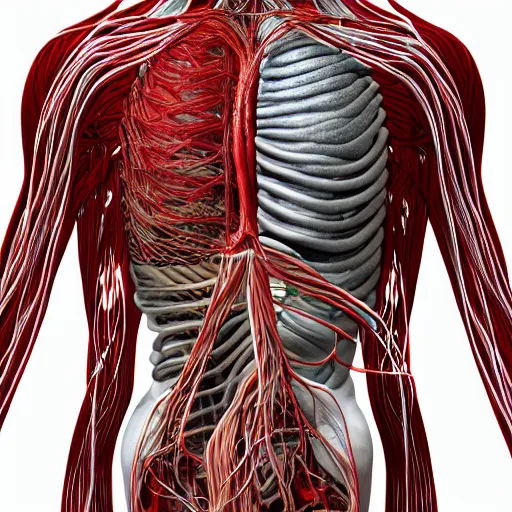 Image similar to man made of internal organs and arteries and veins and cables, extreme detailed intricate render, 8k artistic photography