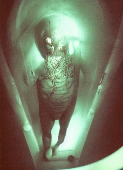 Prompt: a weird humanoid creature is suspended in a tank of dense liquid, weightlessness, tubes coming from the top of the tank connecting to the creature's body, back lit, green glow, 35 mm film photography