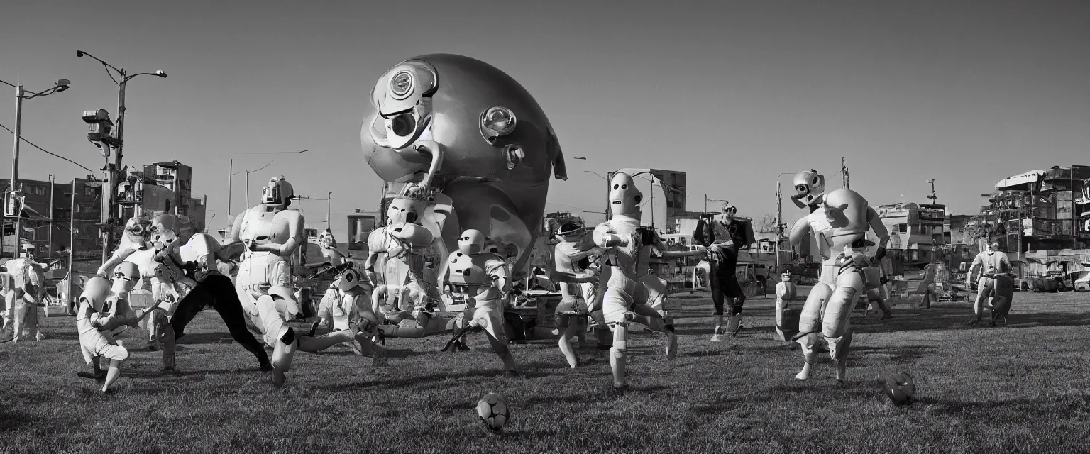 Image similar to detailed sharp photograph in the style of popular science circa 1 9 5 5 and gregory crewdson of robots playing football