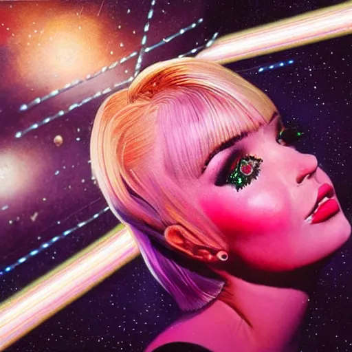 Image similar to a highly detailed and accurate pulp portrait of kim petras in space, 1 9 7 0 s, space station, neon light, delicate embellishments, woman art, painterly, offset printing technique