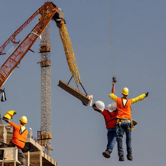 Image similar to two construction workers removing the moon from the sky