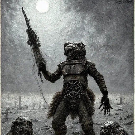 Image similar to Stoned steampunk stormtrooper shoot at drunk mad mushroom-werewolf by Gustave Doré, Greg Rutkowski, Zdzisław Beksiński