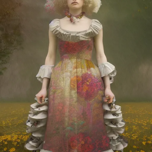 Image similar to 8k, octane render, realism, tonalism, renaissance, rococo, baroque, portrait of a young lady wearing long harajuku manga dress with flowers and skulls standing in a renaissance park, chaotic gold leaf flowers