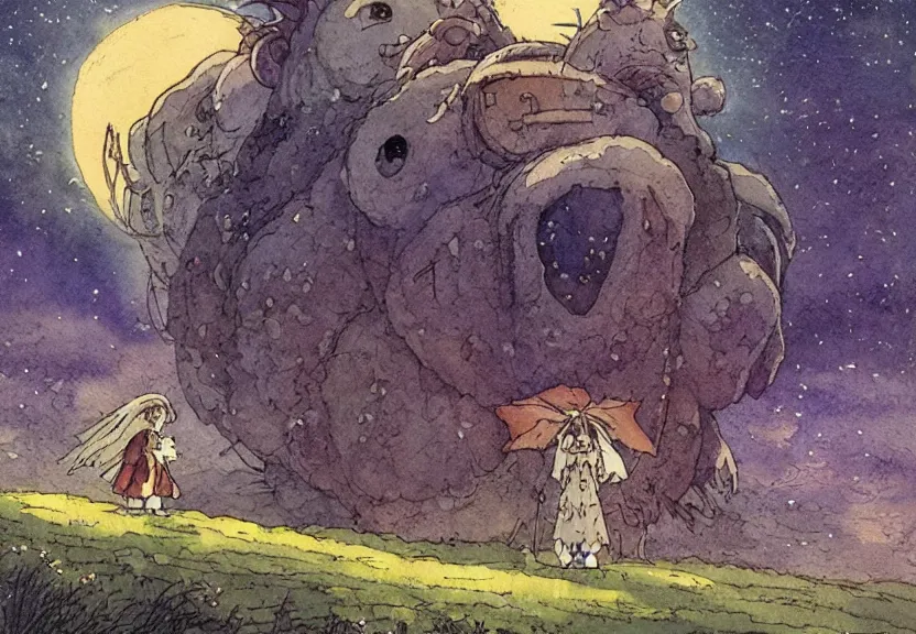 Image similar to a simple watercolor studio ghibli movie still fantasy concept art of a giant shaman from howl's moving castle ( 2 0 0 4 ) on the moors of ireland. it is a misty starry night. by rebecca guay, michael kaluta, charles vess