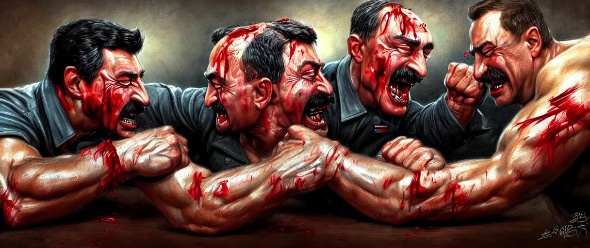 Image similar to arm wrestling ( ( vladimir putin ) ) vs ( ( iosif stalin ) ), hyperrealistic, digital concept art, caricature illustration, bloody, violent. horror. art by gaston bussiere
