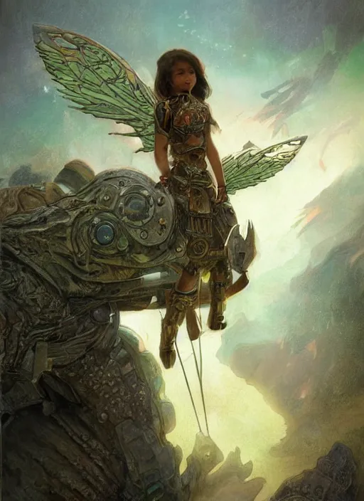 Prompt: portrait of a little cyborg warrior girl character sitting on top of a giant armored dinosaur bird with huge wings flying in space, epic character with dark skin and beautiful green eyes. the girl has a very beautiful detailed symmetrical face, long black hair. diffuse night light, dramatic landscape, fantasy illustration, matte painting by mucha