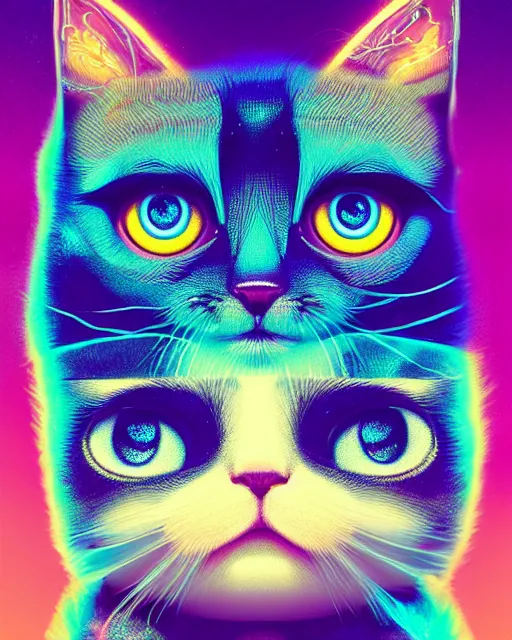 Prompt: psychedelic 6 0 s portrait of funny giant cute eyes kitten, intricate abstract. intricate artwork, by tooth wu, wlop, beeple, dan mumford. concept art, octane render, trending on artstation, greg rutkowski very coherent symmetrical artwork. cinematic, key art, hyper realism, high detail, octane render, 8 k, iridescent accents