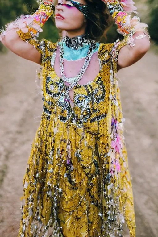 Prompt: light bohemian teen pinterest floral fantasy fashion zine photography, teen magical girl girl styled in a yellow and silver patterned bright dress layers geometric festival face paint and ornate crystal chain jewelry headpiece, elaborate enchanted ritual scene, wide shot