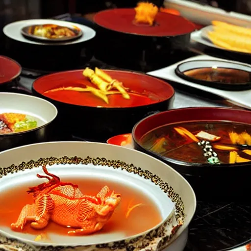 Image similar to high - end hot pot restaurant serving chinese dragon meat