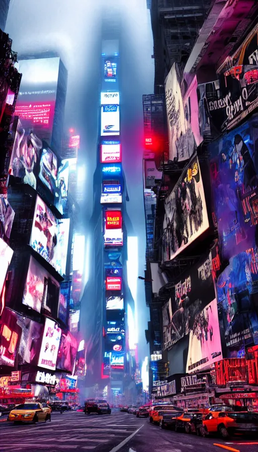 Prompt: 8k high resolution photograph of cyber punk New York Times Square on a foggy night, futuristic,