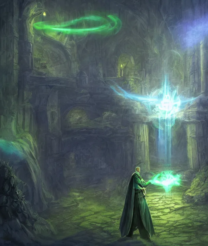 Image similar to a concept art of a wizard in his castle discovering a magic scroll that gives eternal life, atmospheric magic dark scene with green fires in the lights, a big door in the background