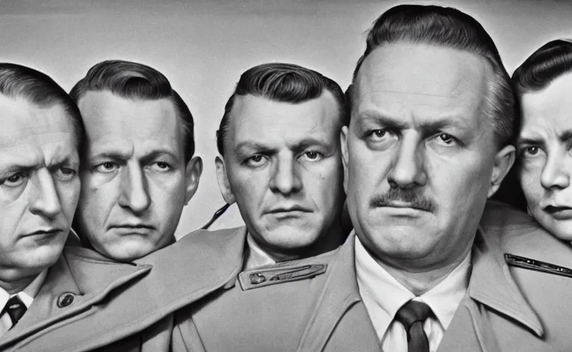 Prompt: 50s movie still close-up portrait of three individual elder soviet marshal with very diverses faces in a stalinist style hall, by Irving Penn, Cinestill 800t 50mm black and white, heavy grainy picture, very detailed, high quality, 4k, HD criterion, precise texture, facial precision, diverse haircuts, diverse ages, each faces precisely define