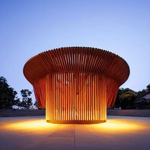 Prompt: a circular small pavillion made from beautiful wood, by shigeru ban, circular steps, central arena, glowing, great architecture, outside view, magazine photography, clean design, minimalistic, ambient beautiful light